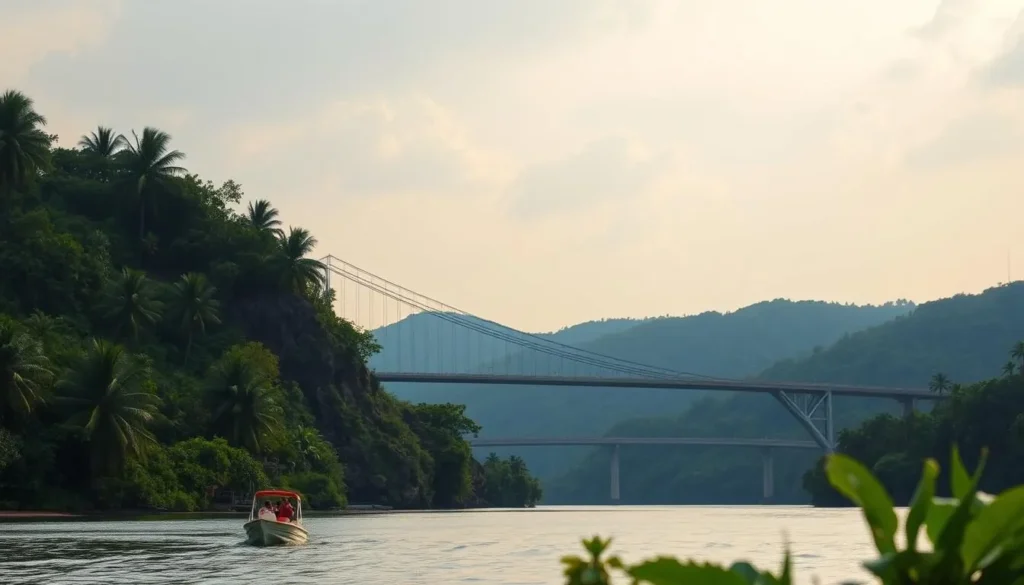 A picturesque landscape of the iconic Panama Canal, its majestic bridge spanning the waterway connecting North and South America. In the foreground, a small boat glides peacefully, its passengers admiring the surrounding lush tropical foliage. The mid-ground features the imposing structure of the Bridge of the Americas, its steel arches and cables silhouetted against a warm, golden-hued sky. In the distance, the verdant hills of the Panamanian isthmus rise, creating a sense of tranquility and natural harmony. The scene is bathed in soft, diffused lighting, highlighting the vibrant colors and creating a serene, inviting atmosphere, capturing the unique appeal of Panama as the "Bridge Between the Americas".