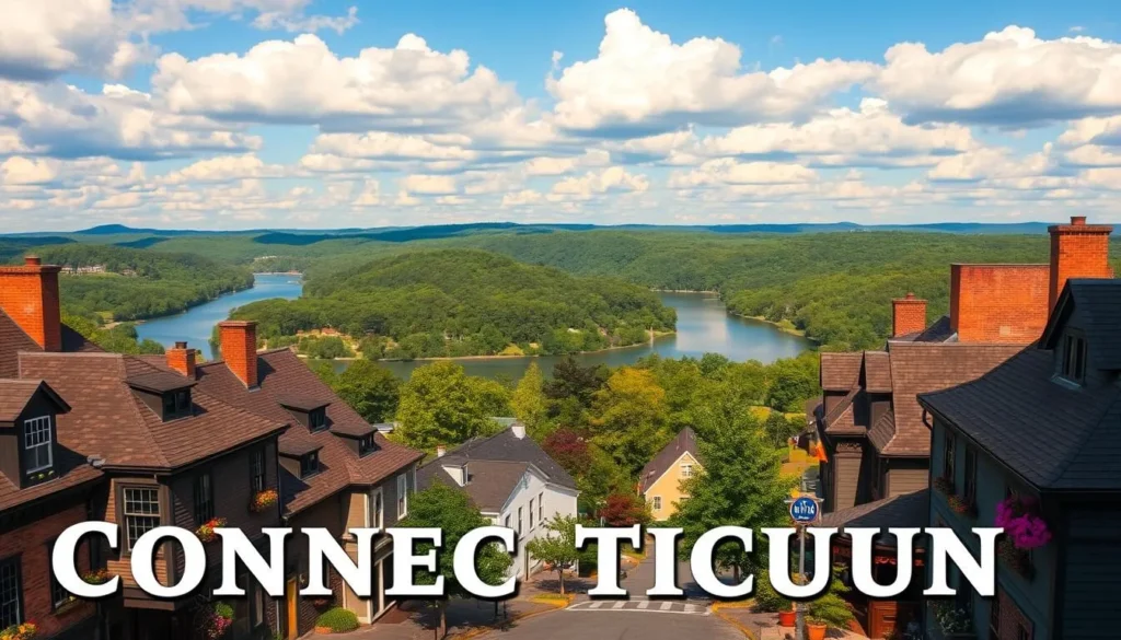 A picturesque landscape showcasing the charm of Connecticut, USA. In the foreground, a quaint New England-style town with historic buildings, cobblestone streets, and colorful flower-filled window boxes. In the middle ground, a winding river surrounded by lush green hills and forests. In the background, a clear blue sky with fluffy white clouds, bathing the scene in warm, golden sunlight. The overall mood is one of tranquility, history, and natural beauty, inviting the viewer to explore the delights of this enchanting state.