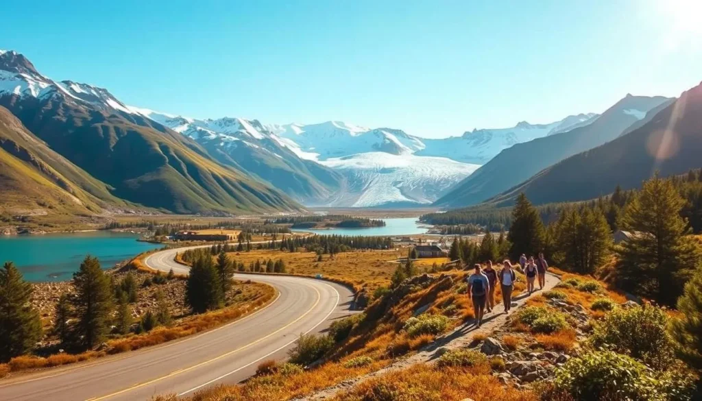 A picturesque landscape showcasing the diverse travel options to explore Patagonia, Argentina. In the foreground, a scenic roadway winds through rugged, snow-capped mountains, with a tranquil lake reflecting the breathtaking scenery. In the middle ground, a group of hikers trekking along a well-marked trail, surrounded by lush, verdant forests. In the background, a majestic glacier glistens under the warm, golden sunlight, creating a serene and awe-inspiring atmosphere. The image is captured with a wide-angle lens, providing a panoramic view that captures the grandeur and allure of this stunning region.