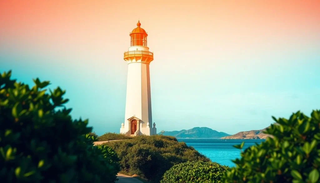 A picturesque lighthouse standing tall against a clear azure sky, its crisp white exterior and red-tiled roof bathed in warm, golden sunlight. The structure's elegant silhouette reflects in the calm, crystalline waters of the surrounding cove, creating a serene and tranquil scene. In the foreground, lush, verdant foliage frames the lighthouse, hinting at the lush natural beauty of the surrounding Sabtang Island. The mid-ground features a path leading up to the lighthouse, inviting the viewer to explore this historical and cultural landmark. The background showcases the rugged, rolling hills and distant coastline of the Philippine archipelago, conveying a sense of remoteness and timelessness.