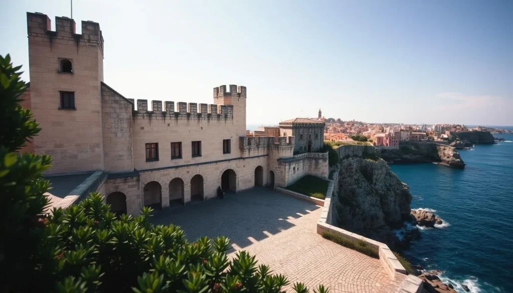A picturesque medieval castle atop a rugged seaside cliff, surrounded by the azure waters of the Aegean Sea. The imposing stone walls and turrets of Rhodes Castles stand proudly, casting long shadows across the cobblestone courtyard. Sunlight filters through archways, illuminating intricate architectural details. In the foreground, lush Mediterranean vegetation frames the scene, while in the distance, the historic Old Town of Rhodes rises amid terracotta rooftops. An air of timeless grandeur and historical significance permeates the landscape, inviting the viewer to step back in time and imagine the stories these ancient fortifications have witnessed.