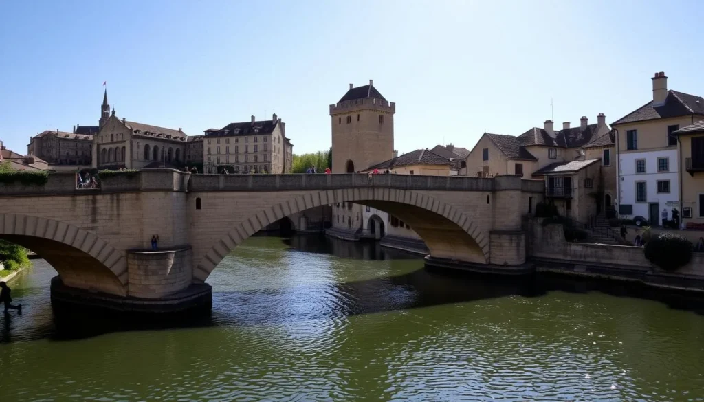 A picturesque medieval stone bridge, the Pont Vieux, spanning the tranquil Aude River in the historic city of Carcassonne, France. Sunlight glitters on the calm waters as pedestrians stroll across the bridge, admiring the stunning views of the fortified Cité de Carcassonne on one side and the charming Bastide Saint-Louis neighborhood on the other. The bridge's graceful arches and weathered, honey-colored masonry create a timeless, atmospheric scene, evoking the rich history and charm of this enchanting French destination.