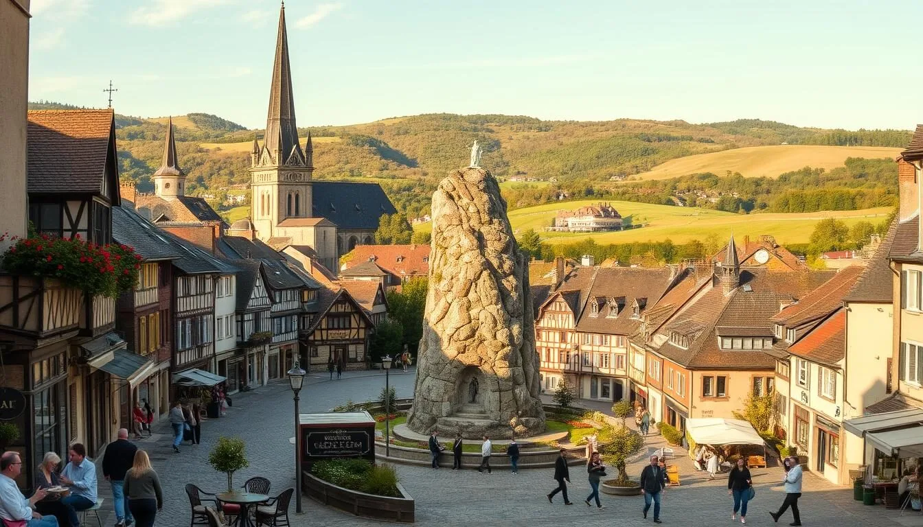 A picturesque medieval town nestled in the Auvergne region of central France, Le Puy-en-Velay invites exploration. Capture the charming town square, its historic cathedral spire reaching skyward, surrounded by colorful half-timbered buildings and quaint cafes. Stroll the winding cobblestone streets, passing by local artisans' shops and tranquil parks. In the foreground, people leisurely sip coffee or browse market stalls, while the middle ground reveals the iconic Rocher Corneille, a volcanic plug topped by a statue of the Virgin Mary. The backdrop showcases the lush, rolling hills that envelop this enchanting town, bathed in warm, golden afternoon light. Convey the sense of timeless elegance and unhurried pace that defines the authentic Le Puy-en-Velay experience.