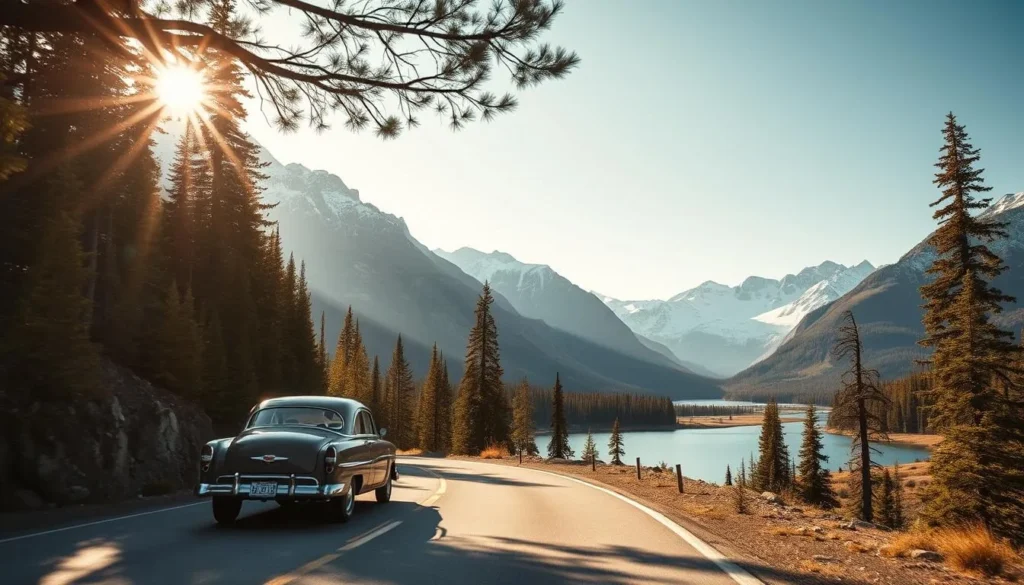 A picturesque mountain road winding through the majestic Canadian Rockies, with towering snow-capped peaks and dense evergreen forests flanking the route. Sunlight filters through the branches, casting a warm glow over the asphalt. In the foreground, a classic vintage car cruises along the road, its occupants taking in the breathtaking scenery. The middle ground features a tranquil lake, its still waters reflecting the surrounding mountains. In the distance, a hint of glaciers and alpine meadows completes the serene, pristine landscape. Capture this scenic drive in Jasper in a realistic, cinematic style with a wide-angle lens, emphasizing the grandeur of the natural setting.