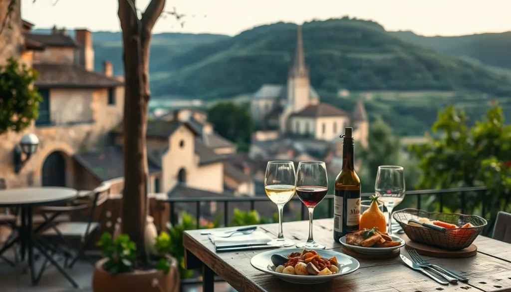 A picturesque outdoor dining scene in the historic village of Rocamadour, France. The foreground features a cozy, rustic table setting with delectable local cuisine and fine wine. The middle ground showcases the stunning medieval architecture, with the iconic Rocamadour Basilica in the distance. Soft, warm lighting illuminates the scene, creating a charming and inviting atmosphere. The background depicts the lush, rolling hills that surround the village, casting a peaceful ambiance over the entire setting. Capture the essence of dining in this charming French destination.