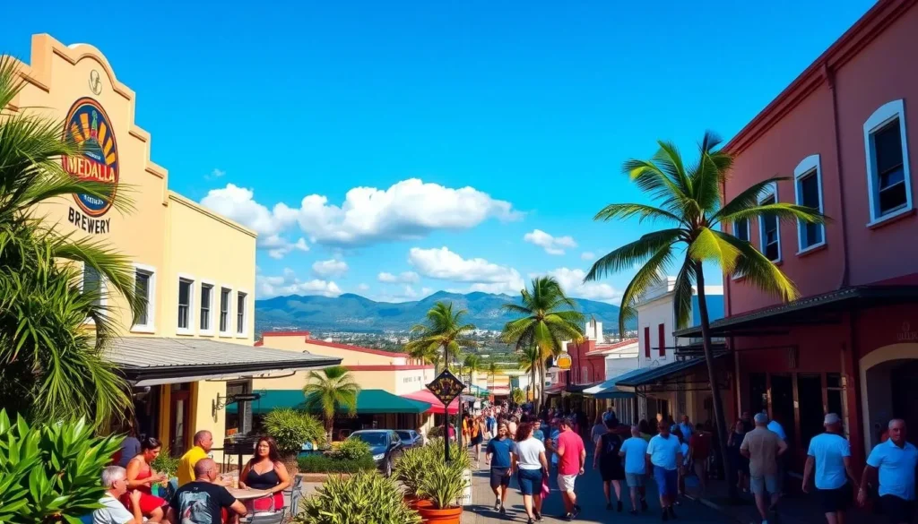 A picturesque outdoor scene of the iconic Medalla Brewery in Mayaguez, Puerto Rico. The sun-drenched façade of the brewery stands prominently, its classic retro design and vibrant logo capturing the essence of the island's beloved beer brand. In the foreground, patrons sip Medalla lager on a charming patio, surrounded by lush tropical foliage. The middle ground features a bustling street scene, with locals and tourists mingling amidst colorful buildings and palm trees swaying gently in the warm breeze. In the background, the distant Puerto Rican mountains provide a stunning natural backdrop, completing the picturesque setting. The scene exudes a relaxed, celebratory atmosphere, showcasing Medalla Brewery as a beloved cultural icon and a must-visit destination in Mayaguez.