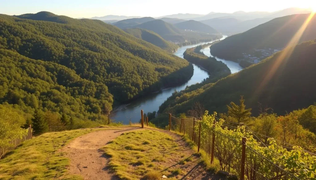 A picturesque overlook of the winding New River, nestled within the charming Thurmond Historic District of Fayetteville, West Virginia. Verdant hills and forests frame the scene, bathed in warm, golden sunlight that casts a gentle glow. The river meanders below, its crystal-clear waters reflecting the surrounding landscape. In the foreground, a well-maintained hiking trail leads visitors to this breathtaking vantage point, offering panoramic views of the historic town and the untamed beauty of the Appalachian wilderness. The mood is serene and tranquil, inviting the viewer to pause and appreciate the natural splendor of this picturesque overlook.