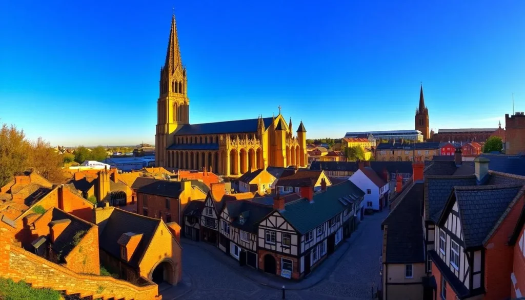 A picturesque panorama of Coventry's historic city center, bathed in warm, golden sunlight. In the foreground, the iconic Coventry Cathedral stands tall, its striking modern architecture contrasting with the ancient ruins surrounding it. In the middle ground, medieval-style buildings line the quaint streets, their half-timbered facades and cobblestone paths evoking a bygone era. In the distance, the spires of St. Michael's Cathedral pierce the clear, azure sky, a testament to Coventry's rich religious history. The scene conveys a sense of timeless elegance and cultural heritage, inviting the viewer to explore Coventry's captivating past.