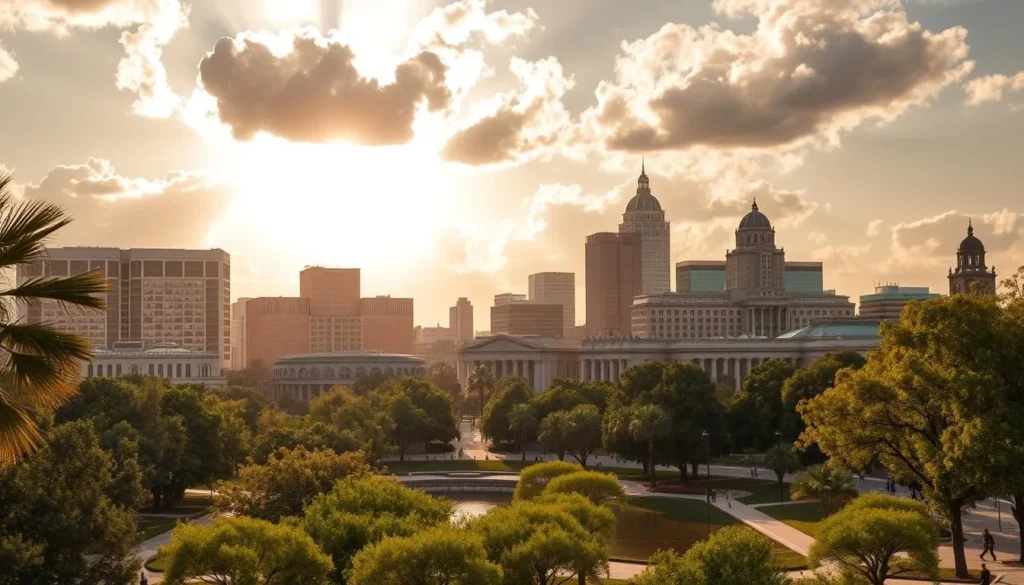 A picturesque panorama of Sacramento's skyline, bathed in warm, golden sunlight filtering through fluffy clouds. Majestic skyscrapers and historic buildings stand tall, their architectural details captured in crisp, realistic detail. In the foreground, a lush, verdant park with swaying trees and tranquil waterways reflects the city's serene ambiance. Pedestrians stroll along tree-lined promenades, enjoying the vibrant urban atmosphere. The scene exudes a sense of harmony, showcasing Sacramento's perfect balance of modern progress and timeless charm.