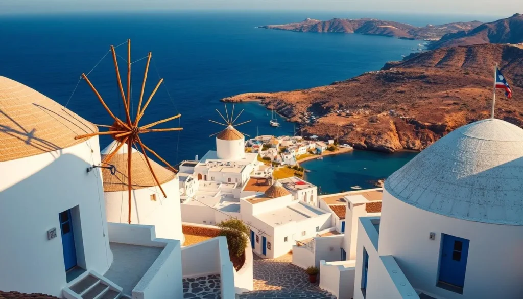 A picturesque panorama of the iconic Kato Mili windmills on the charming island of Mykonos. In the foreground, the distinctive white-washed, wooden-sailed windmills stand tall, their sails gently turning in the sea breeze. The middle ground reveals the quaint, cobbled streets and whitewashed buildings of the historic seaside town, bathed in warm, golden sunlight. In the background, the deep blue Aegean Sea and the rugged, sun-drenched hills create a stunning natural backdrop. Capture the timeless allure and tranquil ambiance of this quintessential Greek island scene through a crisp, high-resolution camera lens.