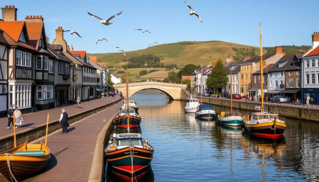 A picturesque quayside scene in Exeter, England. Charming historic buildings line the river's edge, their timber-framed facades and colorful accents basking in warm afternoon sunlight. In the foreground, cobblestone paths wind between moored traditional boats, their reflections rippling in the calm waters. Seagulls soar overhead, while pedestrians stroll along the quay, taking in the serene atmosphere. The middle ground features a stone bridge arching gracefully over the river, its Gothic architecture a testament to the city's heritage. In the distance, lush green hills rise, framing the quayside with a picturesque rural backdrop. Crisp, high-resolution details with a classic, timeless aesthetic.
