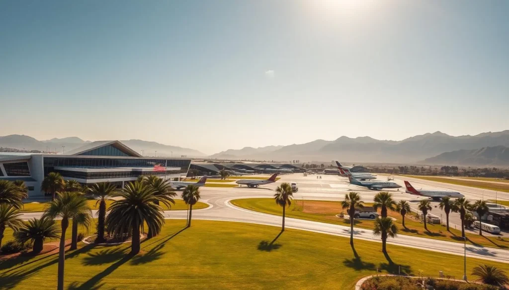 A picturesque regional airport nestled in the rolling hills of San Luis Obispo, California. Capture the sun-dappled terminal building with its modern, angular architecture and expansive glass windows. In the foreground, show neatly manicured lawns and lush palm trees swaying gently in the breeze. In the middle ground, depict private and commercial aircraft taxiing and taking off, their engines producing a low rumble. In the background, showcase the rugged coastal mountains that frame the airport, bathed in warm, golden light. Utilize a wide-angle lens to create a sweeping, cinematic composition that conveys the scenic beauty and easy accessibility of this regional transportation hub. A picturesque regional airport nestled in the rolling hills of San Luis Obispo, California. Capture the sun-dappled terminal building with its modern, angular architecture and expansive glass windows. In the foreground, show neatly manicured lawns and lush palm trees swaying gently in the breeze. In the middle ground, depict private and commercial aircraft taxiing and taking off, their engines producing a low rumble. In the background, showcase the rugged coastal mountains that frame the airport, bathed in warm, golden light. Utilize a wide-angle lens to create a sweeping, cinematic composition that conveys the scenic beauty and easy accessibility of this regional transportation hub.