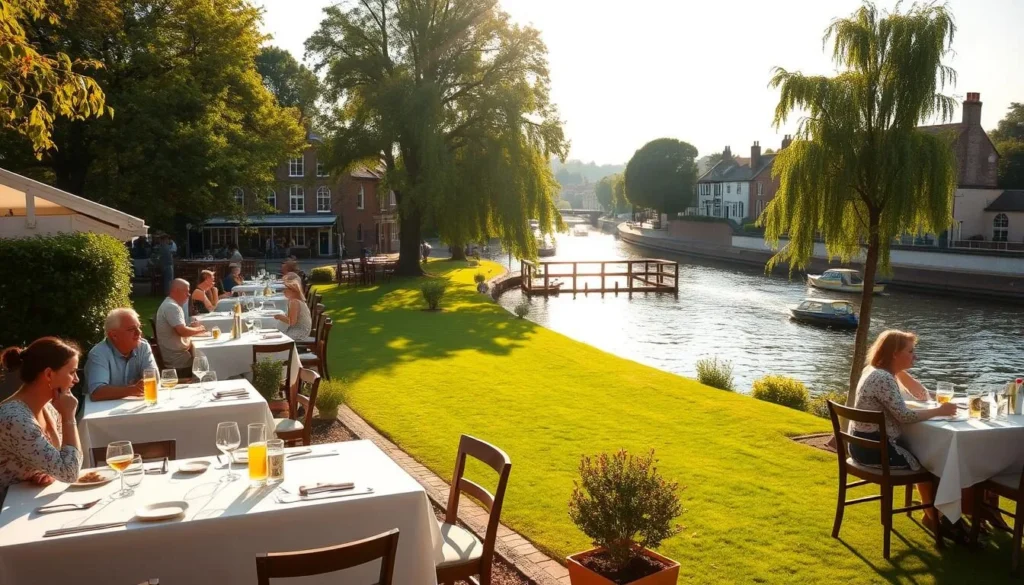 A picturesque riverside dining scene in Maidenhead, England on a pleasant sunny day. In the foreground, an intimate outdoor seating area with white-clothed tables and elegant place settings. Patrons enjoy a leisurely meal, sipping on drinks and conversing. The middle ground features a lush, well-manicured lawn leading down to the River Thames, its gentle waters reflecting the surrounding greenery. In the background, a row of charming riverside buildings and tall trees frame the serene, tranquil setting. Warm, golden sunlight filters through, casting a soft, inviting glow over the entire scene. An idyllic, picturesque snapshot of dining and relaxation along the Maidenhead riverside.