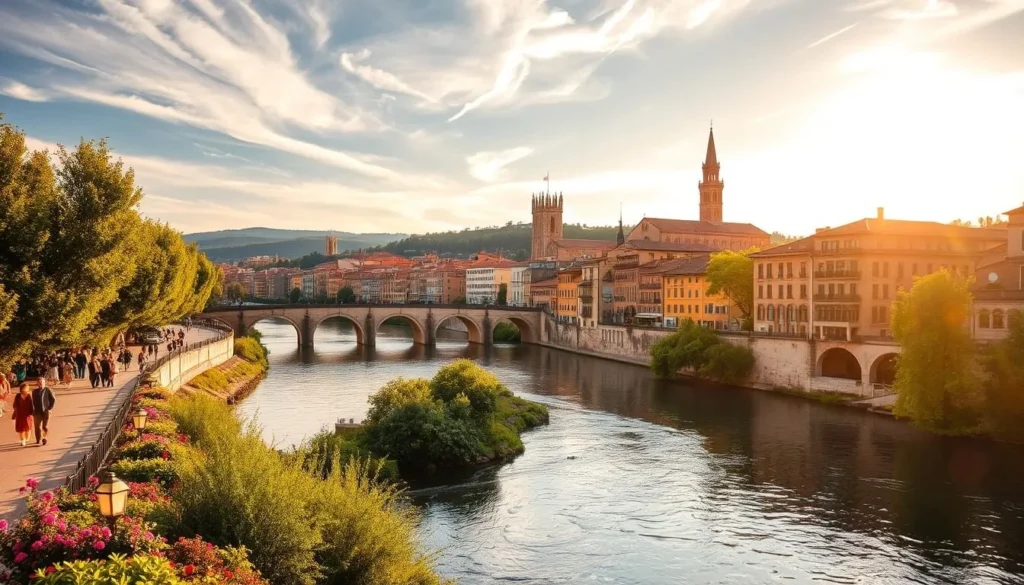 A picturesque riverside scene in Girona, Spain. The Onyar River winds through the historic city, its gentle current reflecting the colorful, medieval buildings lining its banks. Warm sunlight filters through wispy clouds, casting a soft, golden glow over the scene. In the foreground, people stroll along the riverfront promenade, pausing to admire the view. Vibrant flowers and lush vegetation add pops of color, while ancient stone bridges arch gracefully over the water. The middle ground features traditional Catalan architecture, its terracotta roofs and ornate facades creating a charming, timeless atmosphere. In the distance, the city's historic cathedral and towers rise up, providing a picturesque backdrop to this serene, riverside haven.