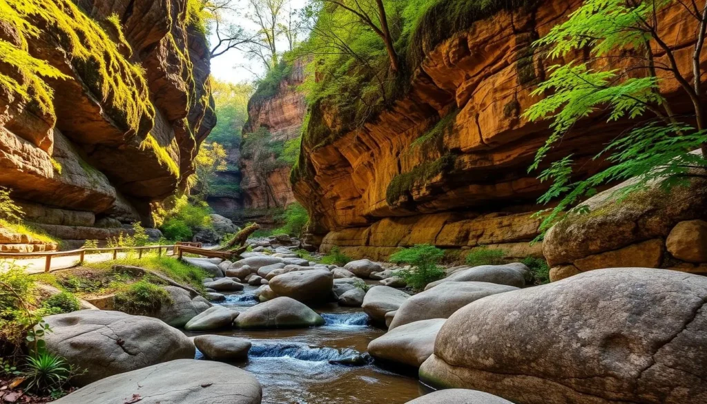 A picturesque sandstone canyon at Turkey Run State Park, Indiana. Rugged, moss-covered cliffs tower overhead, casting dramatic shadows on the winding trails below. The warm, golden sunlight filters through the lush, verdant foliage, creating a serene and enchanting atmosphere. In the foreground, a tranquil stream flows gently over smooth, sculpted rocks, inviting visitors to pause and take in the natural beauty. The middle ground showcases the distinctive sandstone formations, their intricate patterns and textures revealing the park's geological history. A wide-angle lens captures the grandeur of the scene, highlighting the park's breathtaking landscape and the sense of scale and wonder it evokes.