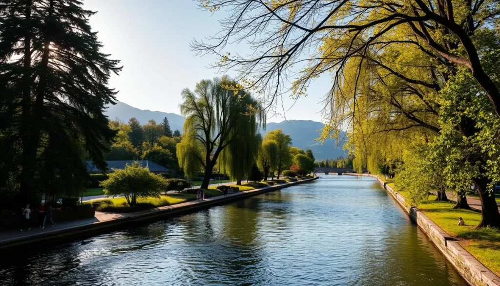 A picturesque scene along the serene Isère River in Grenoble, France. The riverbanks are lined with lush greenery and towering trees, their branches casting gentle shadows upon the tranquil waters. People stroll leisurely, taking in the scenic views of the surrounding mountains in the distance. Warm sunlight filters through, illuminating the scene with a golden glow. The river reflects the vibrant hues of the sky above, creating a serene and calming atmosphere perfect for a relaxing walk. The overall mood is one of tranquility and natural beauty, inviting the viewer to immerse themselves in the charming ambiance of this iconic French city.