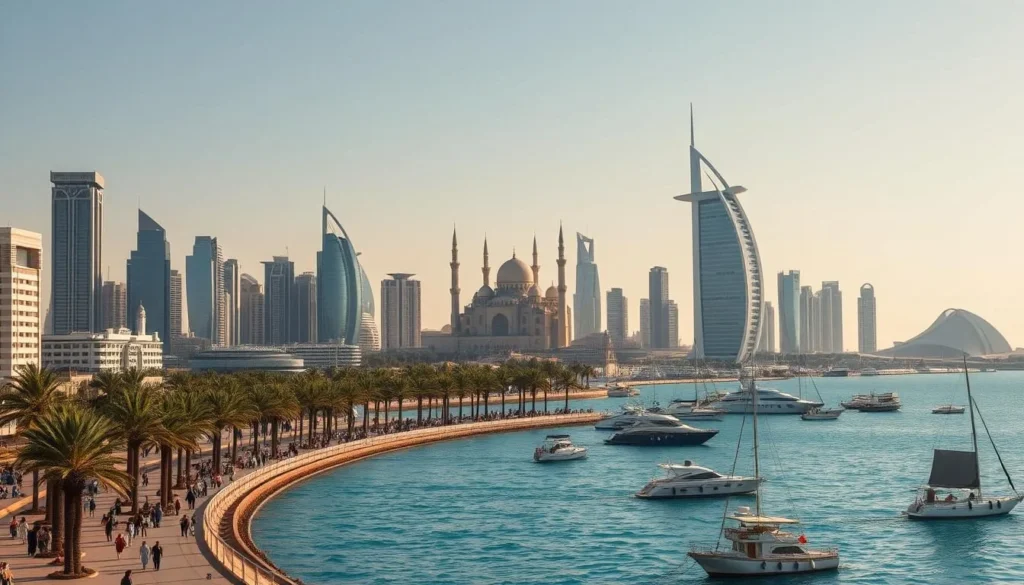 A picturesque scene of Abu Dhabi during the ideal visiting season. A cloudless azure sky bathes the cityscape in warm, golden sunlight. Majestic skyscrapers and iconic architecture like the Sheikh Zayed Grand Mosque stand tall, reflecting the city's opulent elegance. In the foreground, a bustling corniche lined with palm trees and people strolling along the tranquil waterfront. Dhows and yachts dot the sparkling turquoise waters of the Persian Gulf, creating a serene, tranquil atmosphere. The overall mood is one of tranquility, vibrancy, and the perfect conditions to explore Abu Dhabi's many wonders.