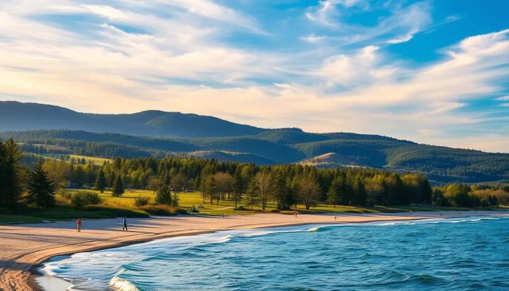 A picturesque scene of Alpena, Michigan's stunning lakefront. In the foreground, pristine sandy beaches stretch along the gently lapping waves of Lake Huron. Beachgoers stroll along the shore, taking in the tranquil atmosphere. In the middle ground, lush green parks and trails wind through towering pine trees, offering ample opportunities for outdoor recreation. The background features the distant silhouettes of rolling hills, painted in warm hues by the golden afternoon sun. Wispy clouds drift across a vibrant azure sky, casting soft shadows across the serene landscape. The overall mood is one of peace, natural beauty, and the perfect blend of land and water.