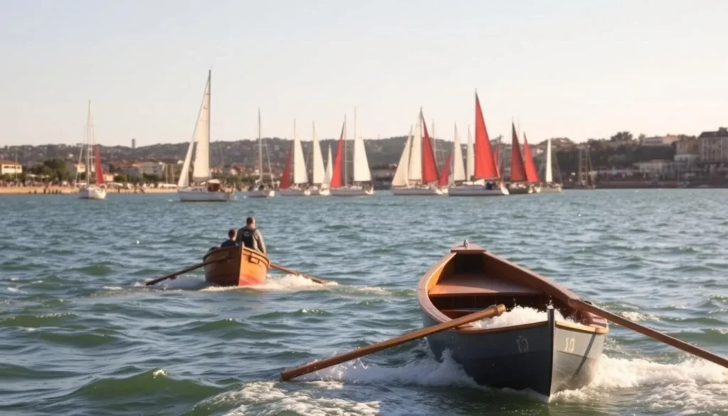 A picturesque scene of Arcachon Bay's transportation. In the foreground, a quaint wooden boat ferries passengers across the glistening waters, its oars slicing through the gentle waves. In the middle ground, a fleet of sailboats gracefully glide by, their colorful sails catching the warm, golden sunlight. In the background, the charming seafront promenade and buildings of Arcachon town come into view, creating a harmonious blend of land and sea. The overall atmosphere is one of tranquility and coastal serenity, capturing the essence of getting around this beautiful bay. A picturesque scene of Arcachon Bay's transportation. In the foreground, a quaint wooden boat ferries passengers across the glistening waters, its oars slicing through the gentle waves. In the middle ground, a fleet of sailboats gracefully glide by, their colorful sails catching the warm, golden sunlight. In the background, the charming seafront promenade and buildings of Arcachon town come into view, creating a harmonious blend of land and sea. The overall atmosphere is one of tranquility and coastal serenity, capturing the essence of getting around this beautiful bay.