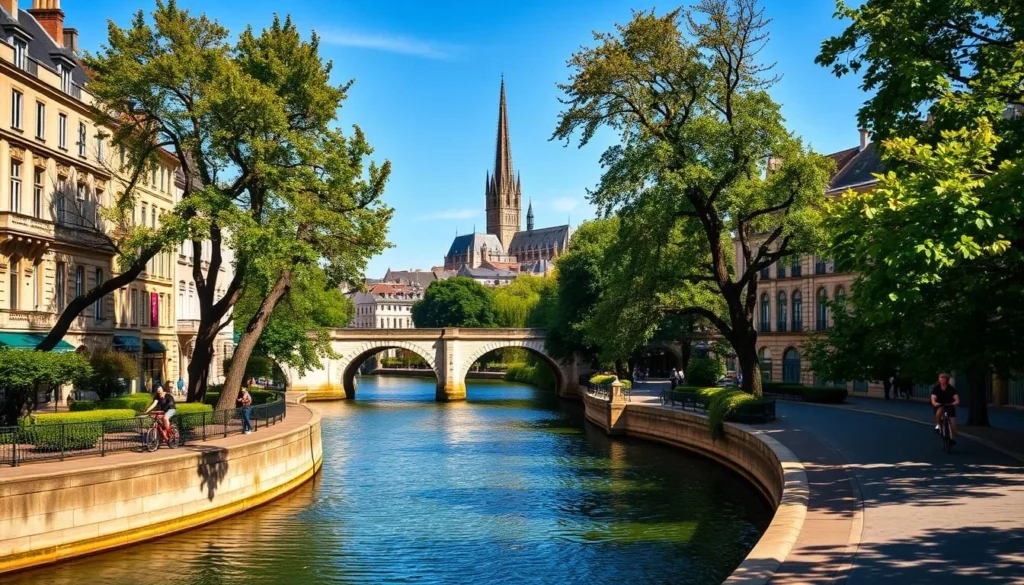 A picturesque scene of Bordeaux, France on a sunny day. A winding river flanked by historic buildings and lush trees, with a stunning stone bridge spanning the water. In the distance, a spire of a grand cathedral rises above the city skyline. Pedestrians and cyclists leisurely enjoy the peaceful riverfront promenade, taking in the charming atmosphere. Warm sunlight casts soft shadows, highlighting the intricate architecture and natural beauty. Capture the essence of this vibrant yet tranquil city, showcasing the best way to explore and get around Bordeaux.