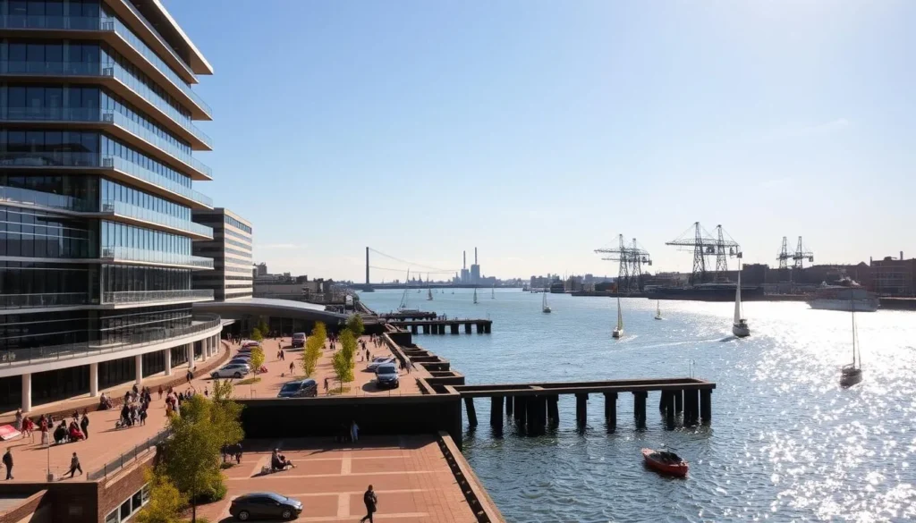 A picturesque scene of Buffalo's waterfront, captured on a bright, sunny day. In the foreground, the iconic Canalside complex comes into view, its modern architecture and bustling promenade inviting visitors to explore. In the middle ground, the serene waters of the Buffalo River glisten, with sailboats and kayaks dotting the surface. The background is dominated by the towering, industrial silhouettes of the Outer Harbor, a testament to the city's maritime history. The scene is bathed in warm, golden light, creating a welcoming and vibrant atmosphere that captures the essence of this dynamic urban waterfront.