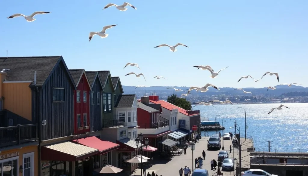 A picturesque scene of Cannery Row on a sunny day in Monterey, California. The historic row of cannery buildings stands proud, their weathered facades reflecting the region's maritime heritage. In the foreground, quaint shops and restaurants line the bustling sidewalks, inviting visitors to explore. Seagulls soar overhead, casting playful shadows on the vibrant scene below. The Monterey Bay glistens in the distance, its calm waters a serene backdrop to this charming coastal community. Capture the essence of this iconic destination, showcasing its timeless allure and the unique character that has drawn people to Cannery Row for generations.
