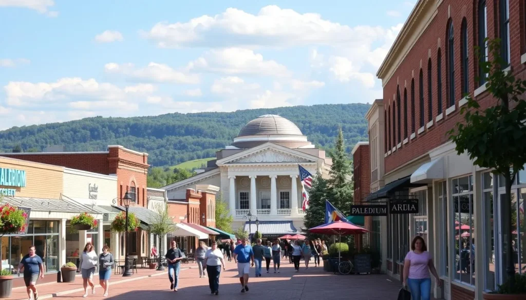 A picturesque scene of Carmel, Indiana's charming attractions on a pleasant sunny day. In the foreground, visitors stroll along the brick-paved streets of the Carmel Arts & Design District, admiring the quaint boutiques, galleries, and cafes. In the middle ground, the iconic Palladium concert hall rises majestically, its classical architecture gleaming in the warm light. In the background, the rolling hills and lush greenery of the Midwest landscape provide a serene backdrop. The scene conveys a sense of tranquility and small-town allure, inviting the viewer to explore the hidden gems of this delightful Hoosier city.