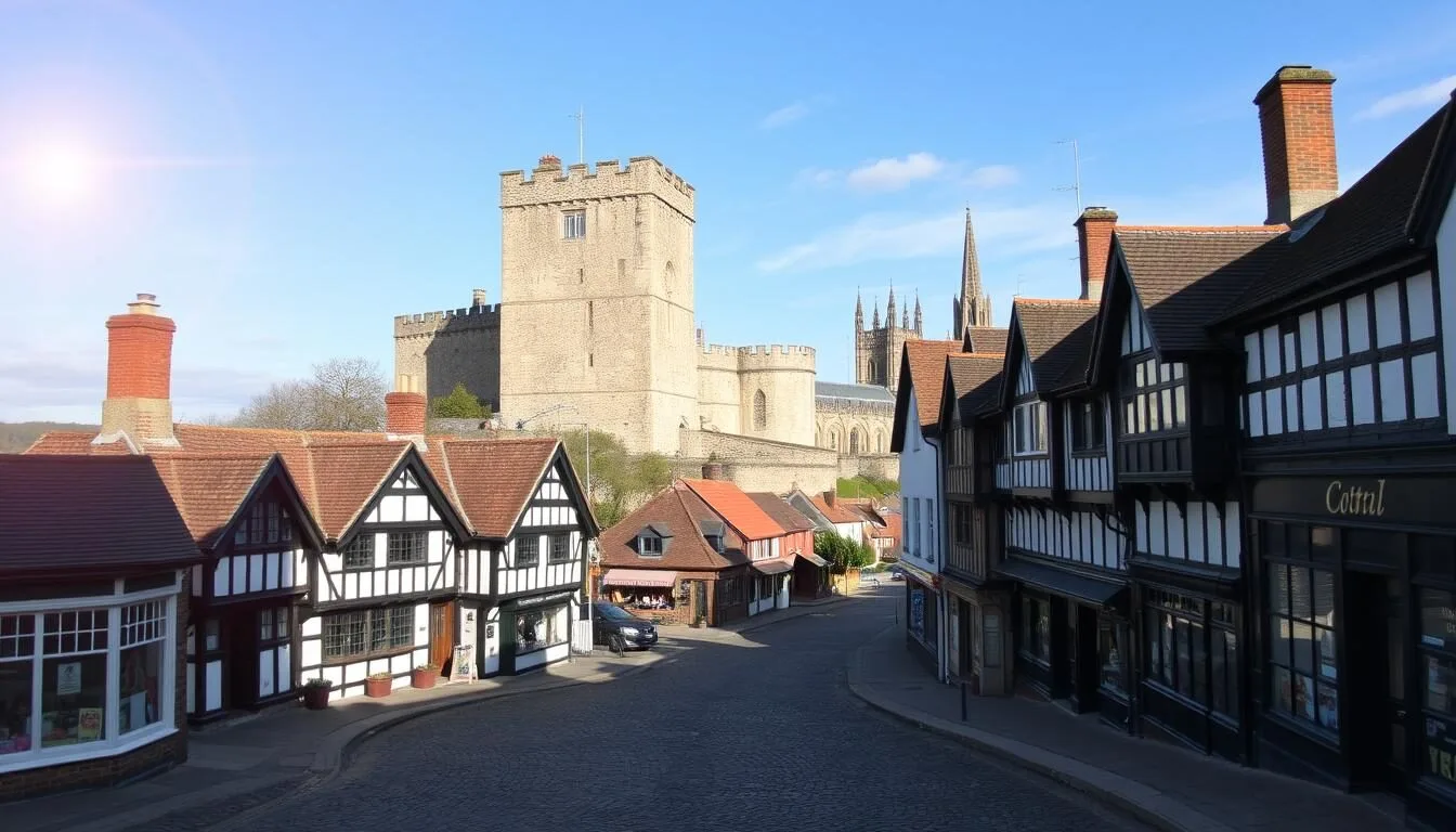 A picturesque scene of Colchester's historic town center on a bright, sunny day. In the foreground, cobblestone streets wind past charming half-timbered buildings and quaint shops. In the middle ground, the towering Norman castle stands proud, its stone walls casting long shadows. In the background, the spires of historic churches and the tranquil River Colne create a stunning skyline. Capture the essence of this quintessential English town with its timeless architecture, bustling atmosphere, and serene natural elements. Utilize a wide-angle lens to showcase the depth and grandeur of this captivating scene.