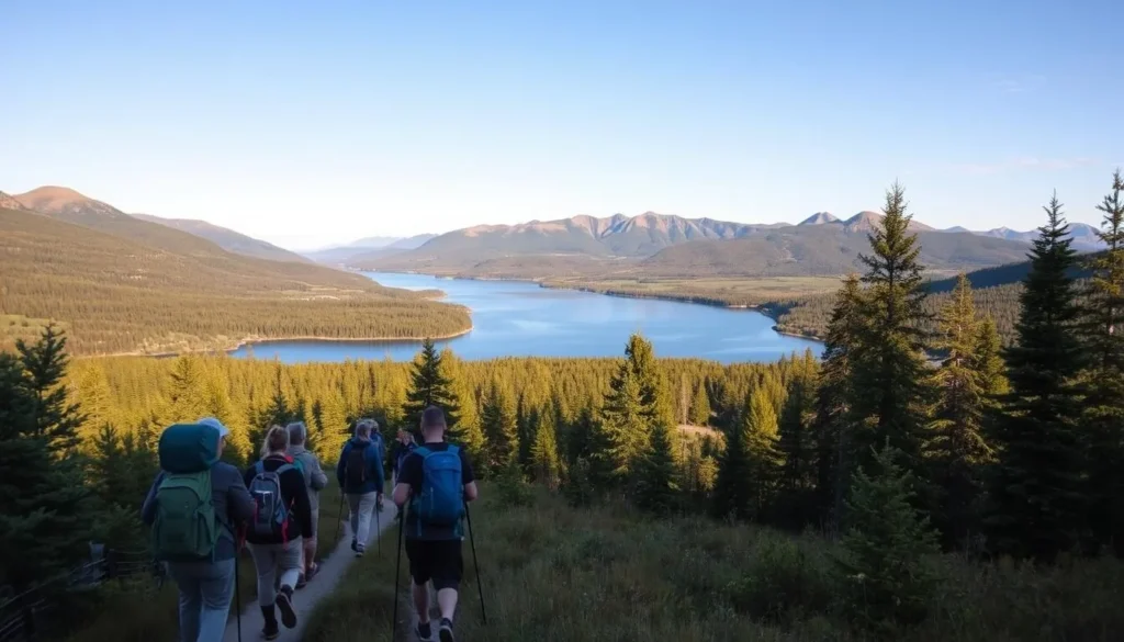 A picturesque scene of Frankfort, Michigan's outdoor adventures. In the foreground, a group of hikers trekking along a winding trail, their backpacks and hiking gear visible. The middle ground features a serene lake, its crystal-clear waters reflecting the lush, verdant forests surrounding it. In the background, majestic hills and mountains rise, their peaks bathed in warm, golden sunlight. The scene is imbued with a sense of tranquility and adventure, perfectly capturing the essence of Frankfort's outdoor recreational activities.