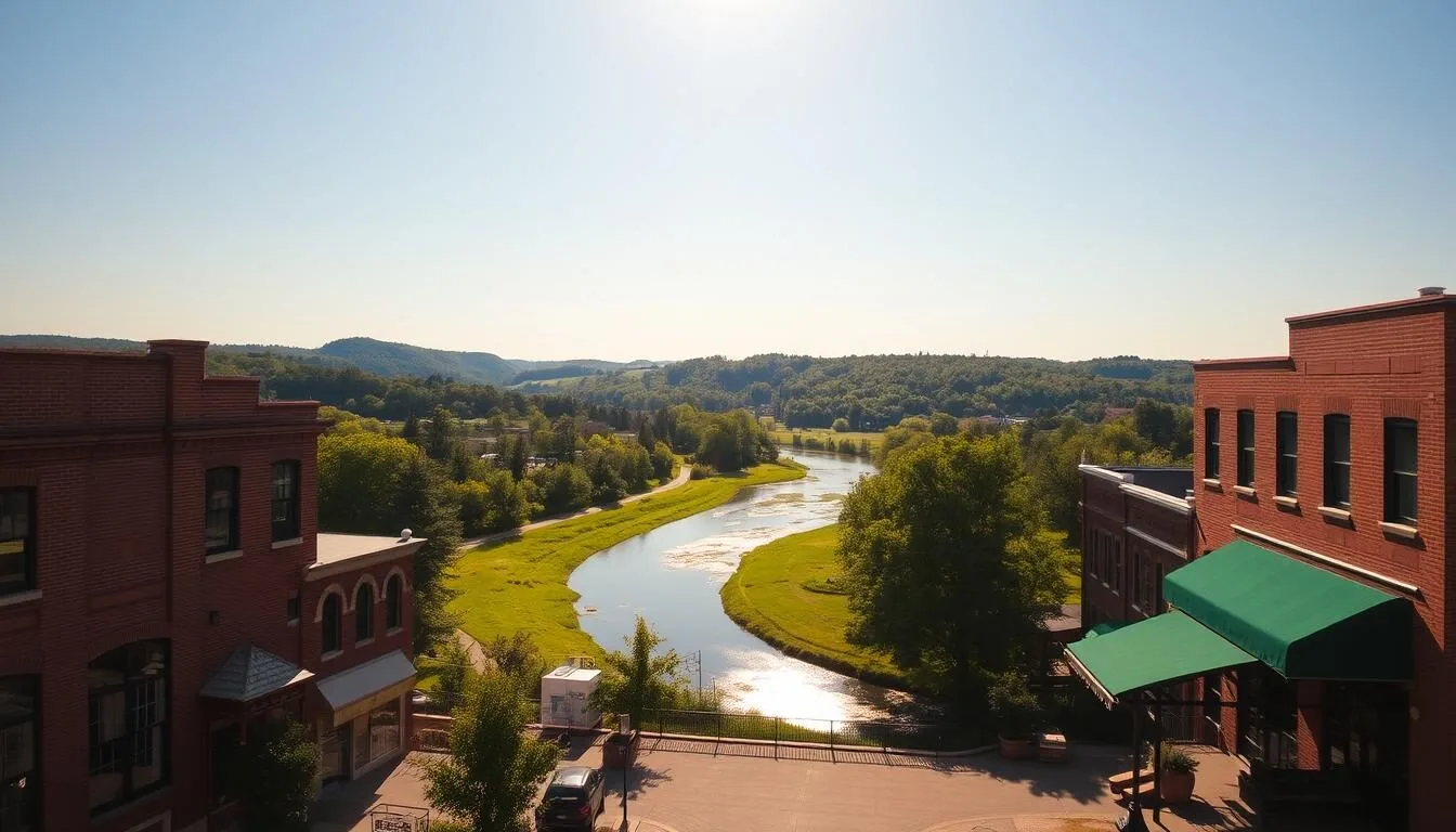 A picturesque scene of Greenville, Kentucky's top attractions on a bright, sunny day. In the foreground, the historic downtown area with its charming brick buildings and quaint storefronts. In the middle ground, the tranquil Pond River winding through the lush, verdant landscape. In the background, rolling hills and a cloudless, azure sky. Warm, golden sunlight bathes the scene, creating a serene and inviting atmosphere. The composition captures the small-town character and natural beauty that make Greenville a beloved destination.