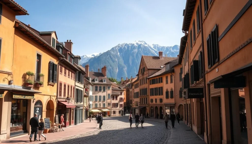 A picturesque scene of Grenoble's historic Old Town (Vieille Ville), captured on a bright, sun-dappled day. Cobblestone streets wind between charming medieval buildings, their warm, ochre facades and terracotta roofs glowing in the soft, golden light. Pedestrians stroll leisurely, admiring the quaint boutiques, cafes, and centuries-old architecture that line the narrow alleyways. In the background, the majestic French Alps rise up, their snow-capped peaks creating a breathtaking backdrop. The scene exudes an air of timeless elegance and a sense of peaceful exploration, inviting the viewer to step back in time and immerse themselves in the timeless beauty of this picturesque historic district.