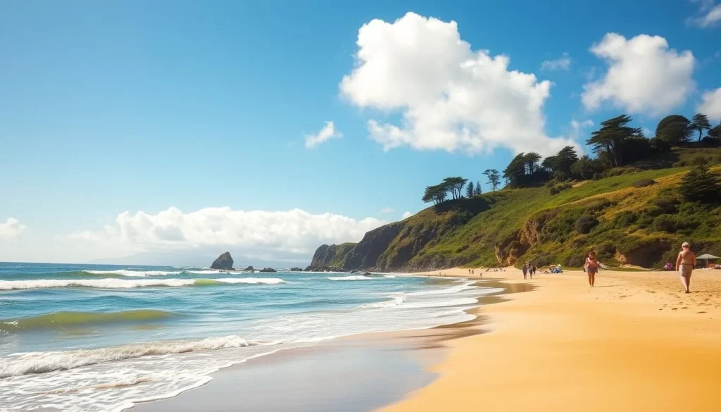 A picturesque scene of Half Moon Bay on a tranquil summer day. In the foreground, a sun-dappled beach with soft, golden sand and rolling waves lapping at the shore. Beachgoers stroll along the water's edge, enjoying the mild coastal breeze. In the middle ground, lush, verdant cliffs rise up, dotted with iconic cypress trees. The sky above is a brilliant azure, with fluffy white clouds drifting lazily across the horizon. Warm, diffused sunlight bathes the entire scene, creating a serene and inviting atmosphere. Capture the essence of the best time to visit this charming California coastal town.