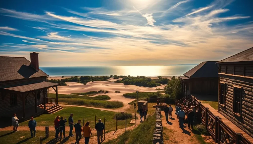 A picturesque scene of Indiana Dunes National Park's historical sites on a bright, sunny day. In the foreground, a group of people exploring the well-preserved 19th century buildings, their architectural details casting long shadows. In the middle ground, rolling sand dunes and lush greenery, with the serene shores of Lake Michigan in the distance. The sky is a brilliant blue, with wispy clouds and warm natural lighting casting a soft, inviting glow over the entire landscape. Capture the park's rich history and natural beauty in a cohesive, immersive image.
