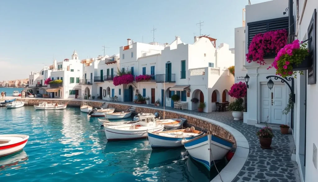 A picturesque scene of Little Venice in Mykonos, Greece on a sunny day. Charming pastel-colored houses line the scenic waterfront, their balconies overflowing with vibrant flowers. Traditional fishing boats gently sway in the calm azure waters, reflecting the whitewashed buildings. Cobblestone alleyways wind through the quaint neighborhood, inviting visitors to explore its timeless Mediterranean ambiance. Warm sunlight dances across the tranquil scene, casting soft shadows and highlighting the intricate architecture. A gentle breeze carries the salty scent of the Aegean Sea, completing the idyllic atmosphere of this iconic Cycladic locale.