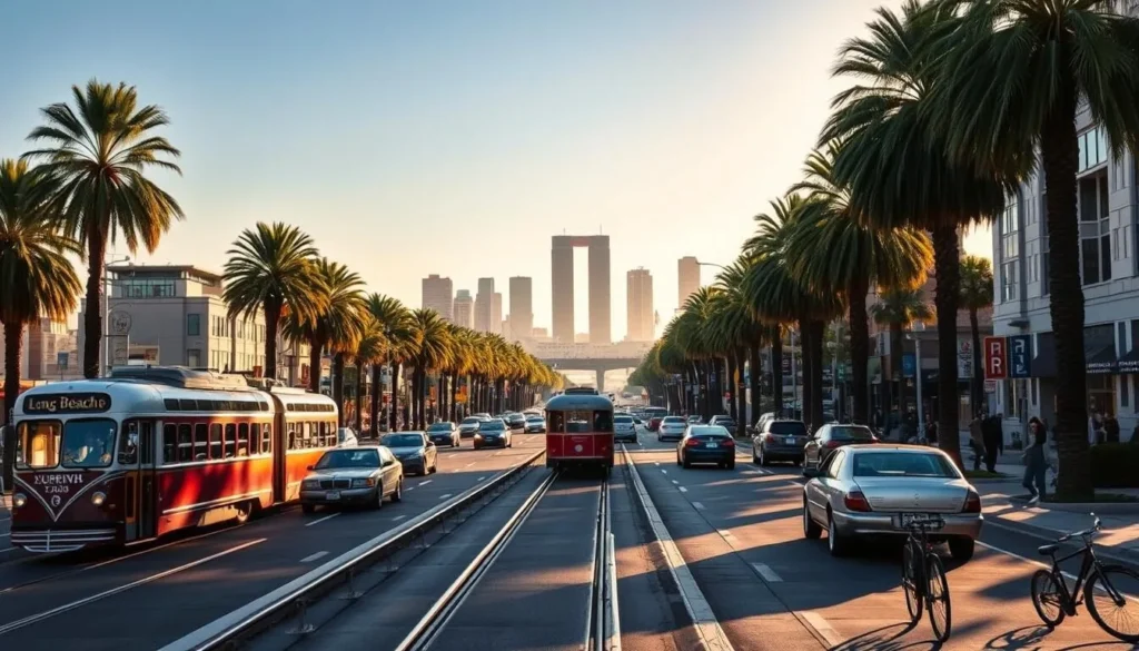 A picturesque scene of Long Beach's vibrant transportation network, bathed in warm, golden sunlight. In the foreground, a bustling street lined with palm trees and historic streetcars gliding along the tracks. Iconic vehicles like vintage cars and sleek bicycles populate the scene, capturing the diverse modes of transport that define the city's character. The middle ground showcases the iconic Long Beach skyline, with towering skyscrapers and the iconic Queen Mary ship in the distance. The background is framed by a clear, azure sky, creating a serene and inviting atmosphere that draws the viewer into the lively, pedestrian-friendly environment of Long Beach.