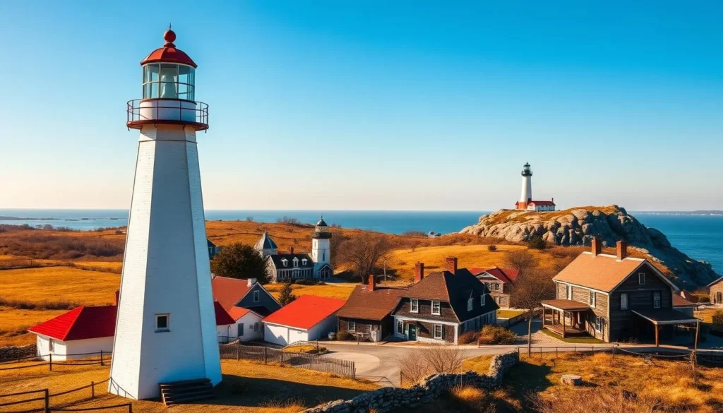 A picturesque scene of Long Island's historical sites on a bright and sunny day. In the foreground, a quaint colonial-style lighthouse stands tall, its white facade and red roof contrasting against the clear azure sky. In the middle ground, a charming village nestled among rolling hills, with traditional wooden buildings and cobblestone streets. In the background, a majestic lighthouse on a rocky outcrop, its beam cutting through the hazy horizon. The scene is bathed in warm, golden light, creating a timeless and serene atmosphere, inviting the viewer to explore the island's rich history and natural beauty.