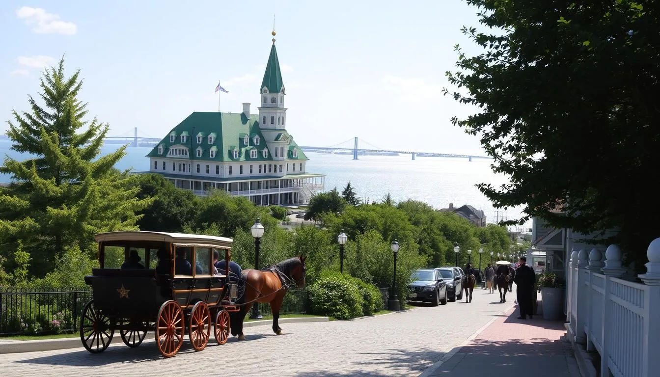 A picturesque scene of Mackinac Island, Michigan, on a sunny day. In the foreground, a horse-drawn carriage meanders along a cobblestone street, its passengers marveling at the charming Victorian-era architecture. In the middle ground, the iconic Grand Hotel rises majestically, its iconic porch and striking green roof overlooking the island's lush greenery. In the background, the serene waters of the Straits of Mackinac glimmer, with the silhouettes of historic landmarks like Fort Mackinac and the Mackinac Bridge visible in the distance. The scene exudes a nostalgic, tranquil atmosphere, capturing the timeless allure of this picturesque island destination.