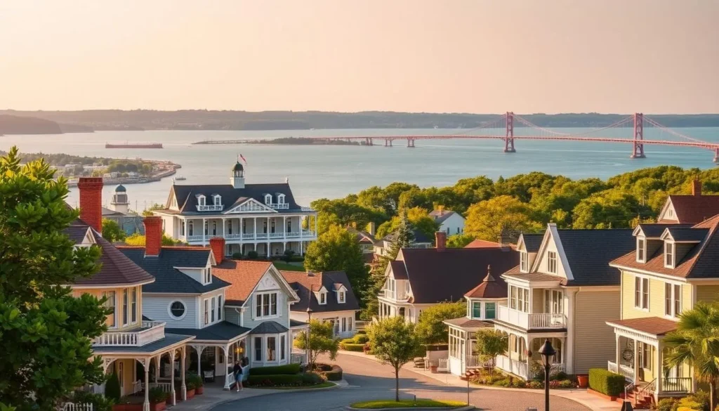 A picturesque scene of Mackinac Island, Michigan, showcasing its charming Victorian-era architecture and lush, verdant landscapes. In the foreground, quaint houses and inns line the cobblestone streets, their pastel-colored facades and ornate details inviting exploration. In the middle ground, the iconic Grand Hotel stands tall, its iconic porch and manicured gardens bathed in warm, golden sunlight. In the background, the serene waters of the Straits of Mackinac shimmer, with the distinctive Mackinac Bridge visible in the distance. The overall atmosphere is one of tranquility and timelessness, capturing the essence of the island's unique, well-preserved character.