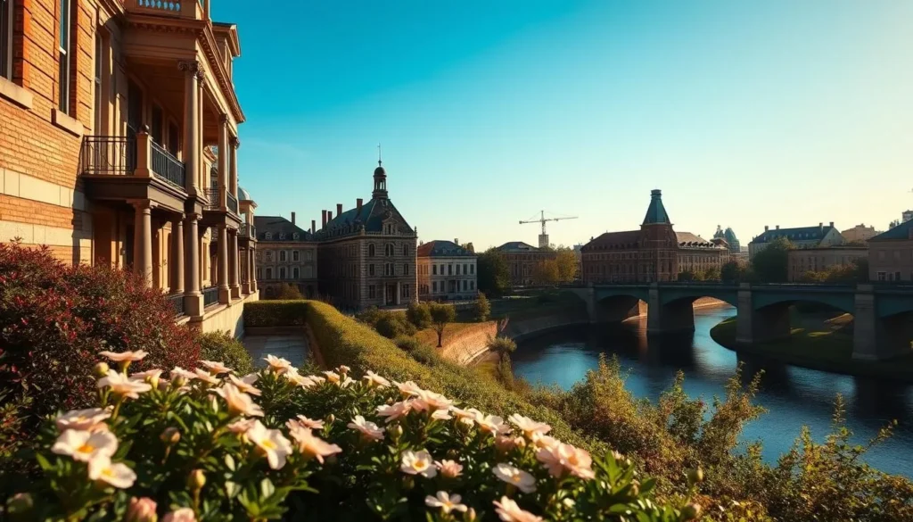 A picturesque scene of Macon, Georgia, on a sunny day. In the foreground, a tranquil garden with blooming flowers and lush greenery. In the middle ground, the stately architecture of historic buildings, their intricate facades casting soft shadows. In the background, a glimpse of the Ocmulgee River winding through the city, its calm waters reflecting the blue sky above. The lighting is warm and golden, creating a welcoming and charming atmosphere. Capture the essence of Macon's unique blend of Southern hospitality and architectural beauty.