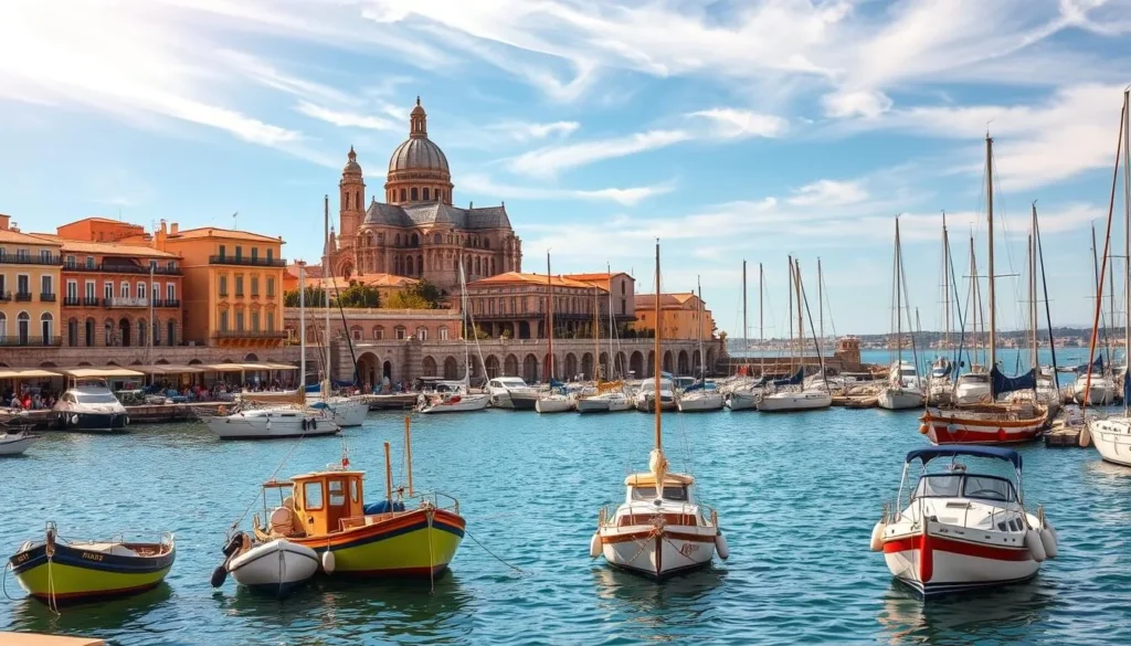 A picturesque scene of Marseille's historic Vieux-Port (Old Port), showcasing its iconic 17th-century architecture and lively harbor activity. In the foreground, colorful fishing boats and yachts sway gently on the calm, azure waters. The middle ground features the Quai des Belges promenade, lined with charming cafes and boutiques. In the background, the imposing Notre-Dame de la Garde Basilica, a Romanesque-Byzantine masterpiece, dominates the skyline. Warm, golden sunlight filters through wispy clouds, casting a soft, inviting glow over the entire scene. Capture the timeless charm and maritime heritage of this historic French city.