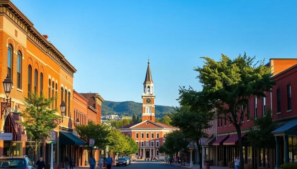 A picturesque scene of Martinsburg's charming downtown, bathed in warm afternoon sunlight. In the foreground, quaint brick buildings line the tree-lined streets, their facades adorned with intricate architectural details. Pedestrians stroll leisurely, capturing the vibrant energy of the historic district. In the middle ground, the iconic Berkeley County Courthouse stands tall, its grand clock tower a prominent landmark. Beyond, rolling hills and a clear blue sky create a serene, pastoral backdrop, inviting visitors to explore the natural beauty surrounding the city. The overall atmosphere conveys a sense of small-town character and timeless appeal, perfectly capturing the essence of Martinsburg's distinctive charm. A picturesque scene of Martinsburg's charming downtown, bathed in warm afternoon sunlight. In the foreground, quaint brick buildings line the tree-lined streets, their facades adorned with intricate architectural details. Pedestrians stroll leisurely, capturing the vibrant energy of the historic district. In the middle ground, the iconic Berkeley County Courthouse stands tall, its grand clock tower a prominent landmark. Beyond, rolling hills and a clear blue sky create a serene, pastoral backdrop, inviting visitors to explore the natural beauty surrounding the city. The overall atmosphere conveys a sense of small-town character and timeless appeal, perfectly capturing the essence of Martinsburg's distinctive charm.