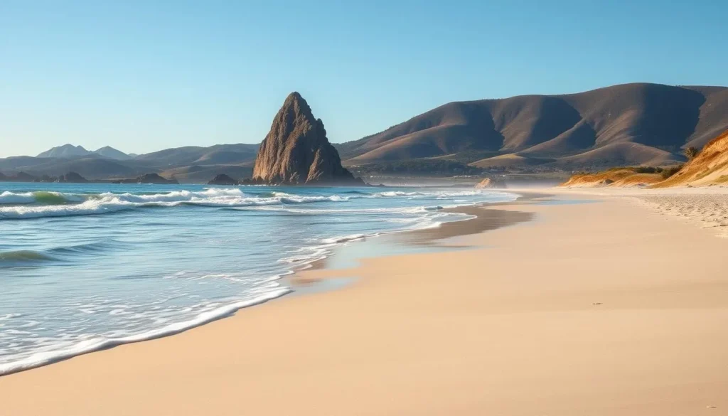 A picturesque scene of Morro Bay Beach on a sunny California day. In the foreground, soft white sand stretches out, inviting visitors to sink their toes in. Gentle waves lap at the shore, their rhythmic motion calming the senses. Towering in the middle ground, the iconic Morro Rock stands tall, its rugged silhouette framed against a clear blue sky. In the distance, rolling hills and lush vegetation create a verdant backdrop, completing the idyllic coastal landscape. The lighting is warm and natural, casting a golden glow over the entire scene. Capture the serene and tranquil atmosphere of this beautiful beach destination.