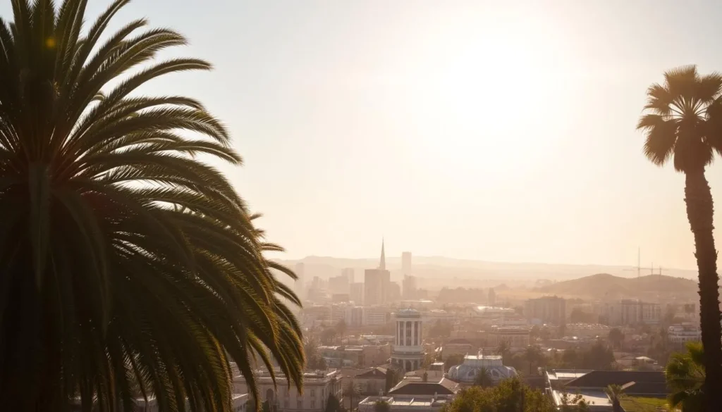 A picturesque scene of Oakland, California on a pleasant day. The sun shines brightly, casting a warm, golden glow over the city skyline. In the foreground, palm trees sway gently in a light breeze, their fronds creating intricate patterns of shadow and light. The middle ground features the iconic Oakland cityscape, with a mix of modern high-rises and historic buildings lining the streets. In the distance, the rolling hills of the East Bay provide a scenic backdrop, their lush greenery contrasting with the urban environment. The overall atmosphere is one of tranquility and inviting vibrancy, capturing the essence of the best time to visit this vibrant California city.