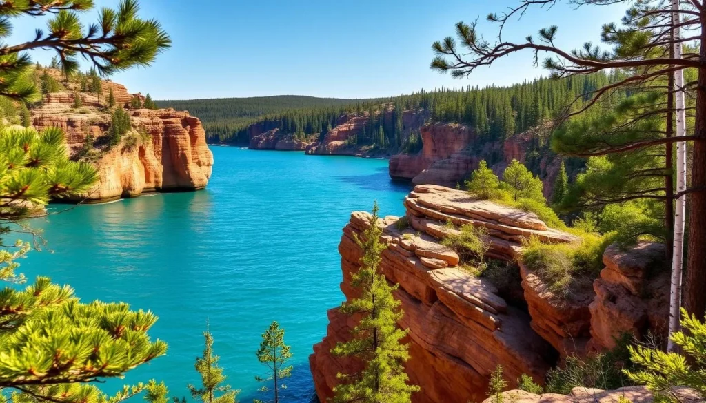 A picturesque scene of Pictured Rocks National Lakeshore, Michigan, captured in stunning detail. In the foreground, the iconic sandstone cliffs rise majestically, their vibrant hues of ochre and amber reflecting the warm sunlight. The serene, turquoise waters of Lake Superior stretch out in the middle ground, dotted with gentle waves. In the background, a dense forest of verdant pines and birches frames the scene, casting dappled shadows across the landscape. The composition showcases the natural beauty of this stunning location, inviting the viewer to imagine themselves standing at this breathtaking photography spot, capturing the essence of Pictured Rocks.
