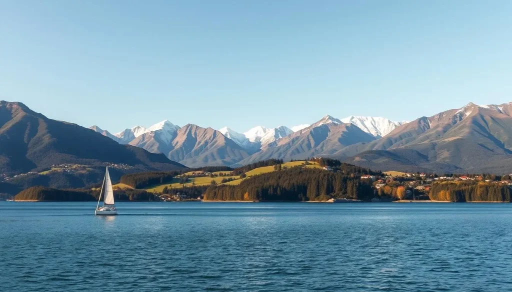 A picturesque scene of Queenstown, New Zealand, showcasing its stunning natural beauty. In the foreground, a tranquil lake reflects the surrounding mountains, with a sailboat gliding across the water. In the middle ground, lush green hills and forests frame the iconic peaks of the Remarkables mountain range, bathed in soft, golden light. In the background, the distant snowcapped Alps rise majestically, creating a breathtaking panorama. The scene is captured with a wide-angle lens, providing a sweeping, cinematic view that captures the essence of Queenstown's best photo spots. The mood is serene and awe-inspiring, inviting the viewer to immerse themselves in the natural splendor of this picturesque destination.