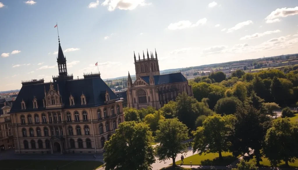A picturesque scene of Rennes' historic landmarks under a bright, sun-dappled sky. In the foreground, the stately Palais du Parlement de Bretagne stands tall, its ornate façade and towering spires casting dramatic shadows. In the middle ground, the iconic Gothic cathedral of Saint-Pierre de Rennes rises majestically, its intricate stone carvings and pointed arches reflecting the city's medieval heritage. In the background, the lush, verdant gardens of the Thabor Park provide a serene, natural backdrop, with the distant silhouettes of Rennes' modern architecture visible on the horizon. The scene is bathed in warm, golden light, creating a sense of timeless elegance and tranquility.