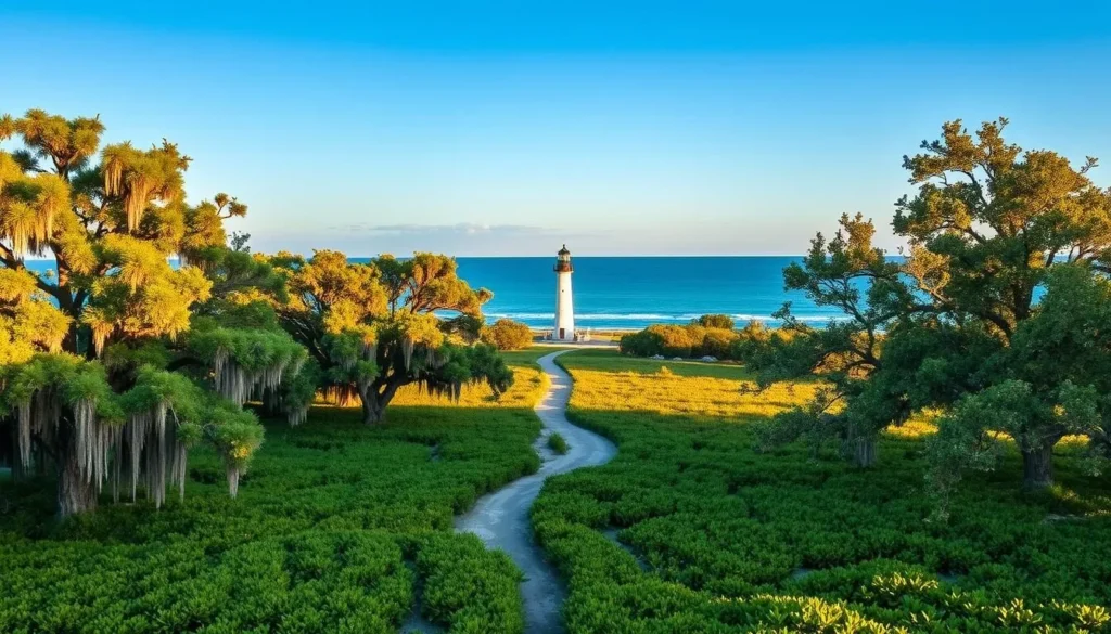 A picturesque scene of Saint Catherines Island, Georgia, captured through the lens of a professional photographer. The foreground features lush, verdant marshlands dotted with towering live oak trees draped in Spanish moss, creating a serene and tranquil atmosphere. In the middle ground, a winding path leads towards a historic lighthouse, its white façade gleaming under the warm, golden sunlight. The background showcases the vast expanse of the Atlantic Ocean, its azure waters gently lapping against the island's pristine sandy beaches. The overall composition evokes a sense of natural beauty, tranquility, and the rich history of this enchanting coastal destination.