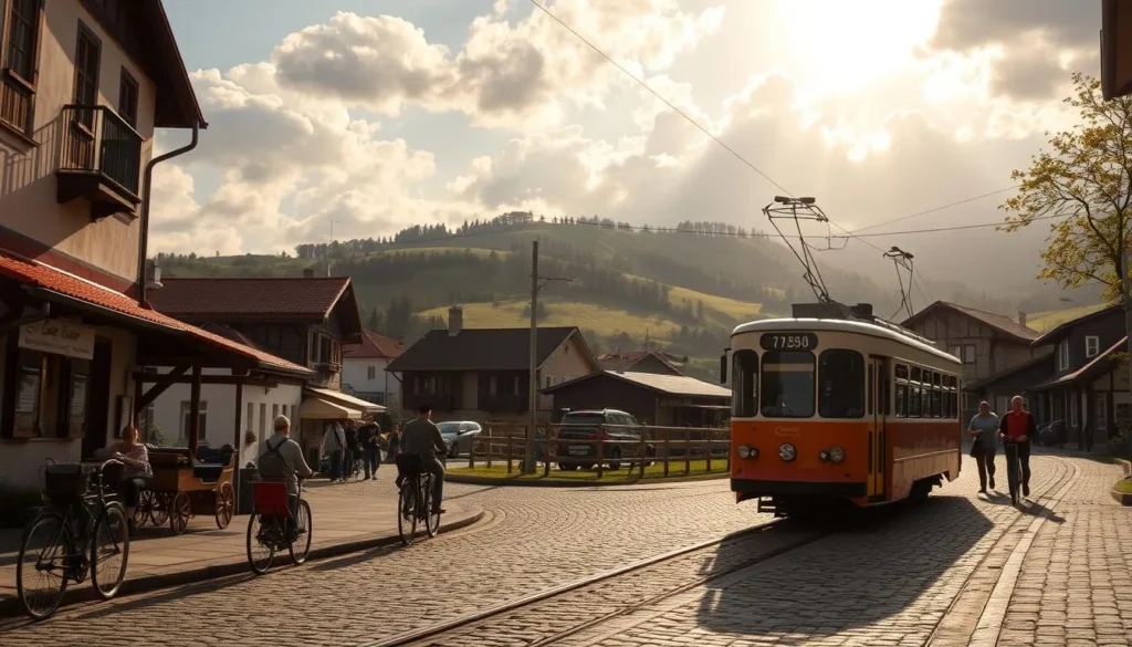 A picturesque scene of Slovakia's unique transportation landscape. In the foreground, a quaint village street bustles with locals riding vintage bicycles and horse-drawn carriages. In the middle ground, a historic tram glides along cobblestone tracks, its sleek design a testament to the country's engineering prowess. In the background, rolling hills dotted with traditional timber-framed houses provide a tranquil, pastoral backdrop. Warm, golden sunlight filters through fluffy clouds, casting a soft, inviting glow over the entire tableau. Captured with a wide-angle lens to showcase the harmonious integration of old and new, this image perfectly encapsulates Slovakia's charming, timeless allure.