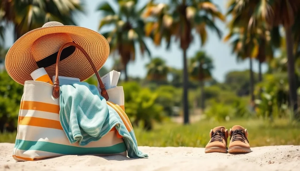A picturesque scene of St. Catherines Island, Georgia on a sunny day. In the foreground, a stylish beach tote overflows with essential items - a wide-brimmed sun hat, sunscreen, beach towel, and a good book. In the middle ground, a pair of comfortable, closed-toe walking shoes stand ready for exploring the island's trails. The background showcases the lush, verdant landscape, with tall palms swaying in a gentle breeze. The lighting is warm and natural, creating a relaxed, inviting atmosphere. Capture this tranquil, well-prepared scene in a high-resolution, photorealistic style.