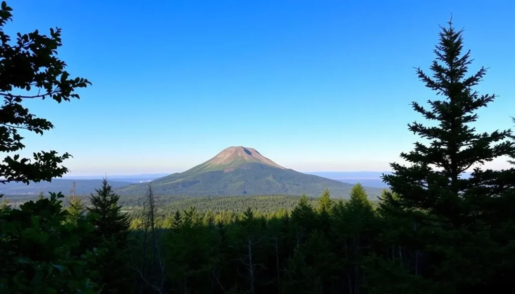 A picturesque scene of Sugarloaf Mountain in Maine during a clear, sunny day. In the foreground, a lush, verdant forest canopy frames the view. In the middle ground, the iconic, gently sloping peak of Sugarloaf Mountain rises majestically, its summit bathed in warm, golden light. In the background, a cloudless, azure sky stretches out, creating a serene and tranquil atmosphere. The image is captured with a wide-angle lens, showcasing the grandeur and scale of this natural wonder. The overall mood is one of peace, beauty, and the timeless splendor of the Maine wilderness.